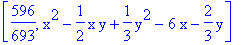 [596/693, x^2-1/2*x*y+1/3*y^2-6*x-2/3*y]